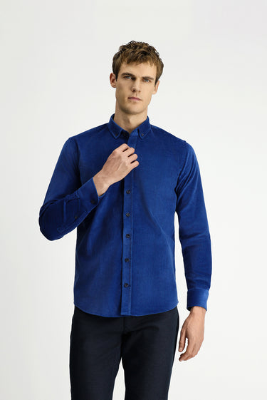 Koyu Mavi  Uzun Kol Slim Fit Dar Kesim Pamuklu Düğmeli Yaka Kadife Gömlek