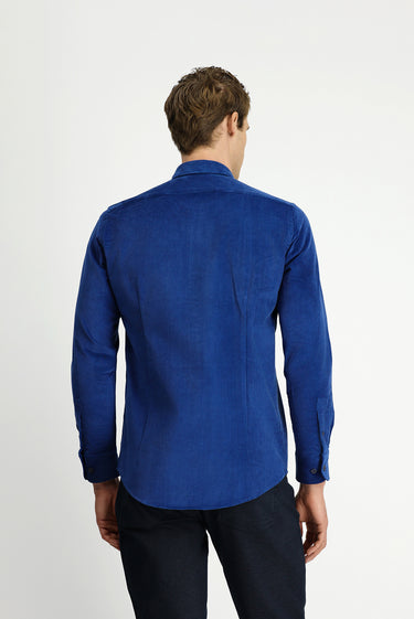 Koyu Mavi  Uzun Kol Slim Fit Dar Kesim Pamuklu Düğmeli Yaka Kadife Gömlek