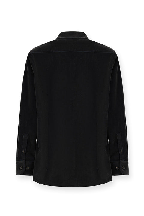 Orta Antrasit Uzun Kol Slim Fit Dar Kesim Pamuklu Düğmeli Yaka Kadife Gömlek