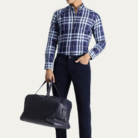 Koyu Lacivert Uzun Kol Slim Fit Dar Kesim Ekose Pamuk Düğmeli Yaka Gömlek