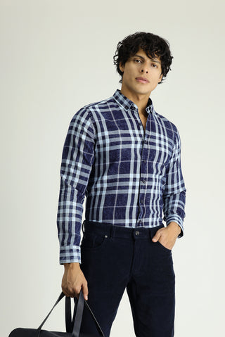  Koyu Lacivert Uzun Kol Slim Fit Dar Kesim Ekose Pamuk Düğmeli Yaka Gömlek