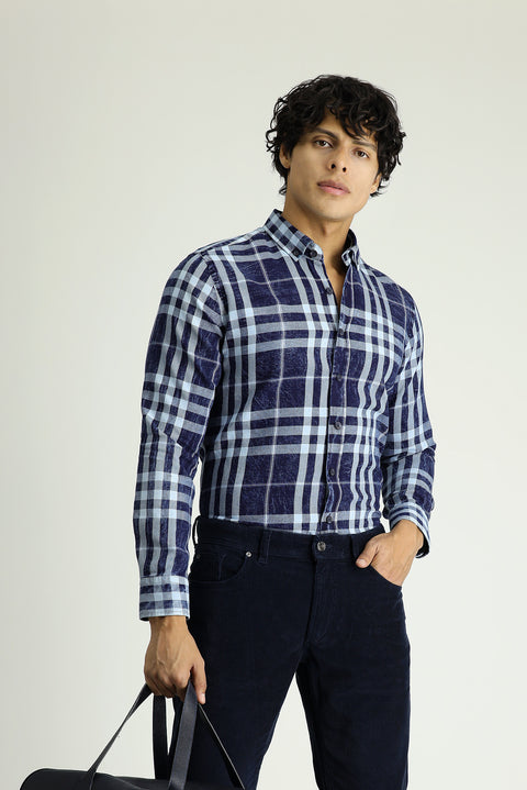 Koyu Lacivert Uzun Kol Slim Fit Dar Kesim Ekose Pamuk Düğmeli Yaka Gömlek