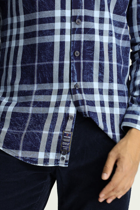 Koyu Lacivert Uzun Kol Slim Fit Dar Kesim Ekose Pamuk Düğmeli Yaka Gömlek