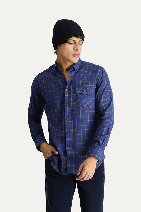 Koyu Lacivert Uzun Kol Slim Fit Dar Kesim Ekose Oduncu Spor Pamuk Düğmeli Yaka Gömlek