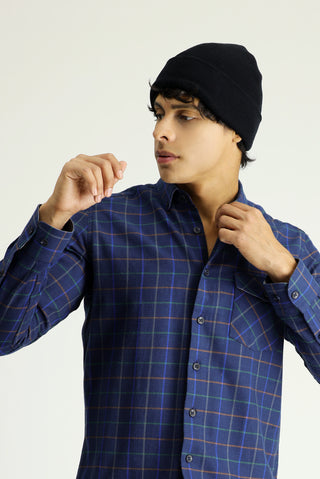  Koyu Lacivert Uzun Kol Slim Fit Dar Kesim Ekose Oduncu Spor Pamuk Düğmeli Yaka Gömlek