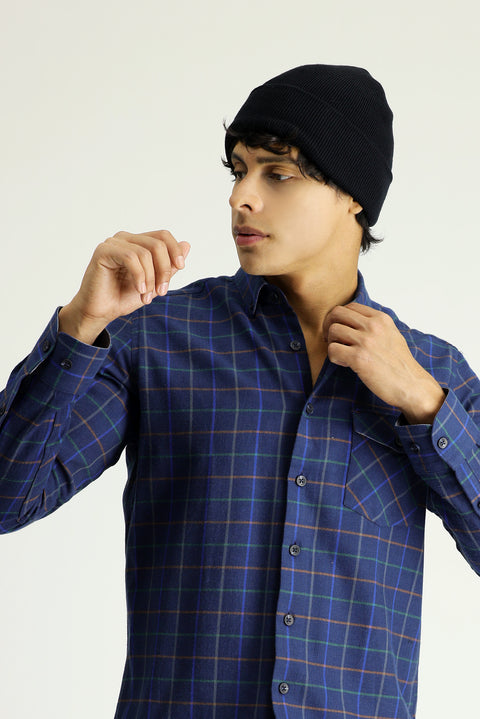 Koyu Lacivert Uzun Kol Slim Fit Dar Kesim Ekose Oduncu Spor Pamuk Düğmeli Yaka Gömlek