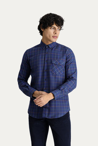  Koyu Lacivert Uzun Kol Slim Fit Dar Kesim Ekose Oduncu Spor Pamuk Düğmeli Yaka Gömlek