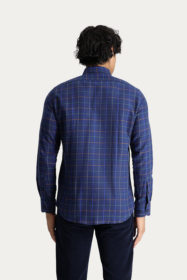  Koyu Lacivert Uzun Kol Slim Fit Dar Kesim Ekose Oduncu Spor Pamuk Düğmeli Yaka Gömlek