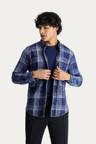  Koyu Lacivert Uzun Kol Slim Fit Dar Kesim Ekose Pamuk Spor Gömlek