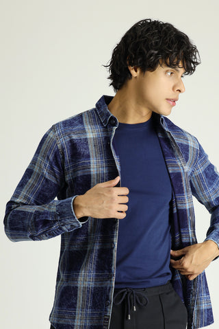  Koyu Lacivert Uzun Kol Slim Fit Dar Kesim Ekose Pamuk Spor Gömlek