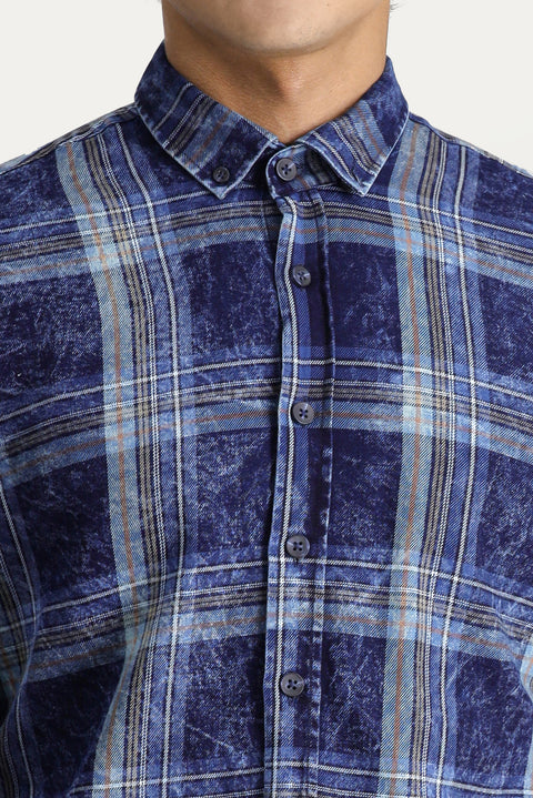 Koyu Lacivert Uzun Kol Slim Fit Dar Kesim Ekose Spor Pamuk Gömlek