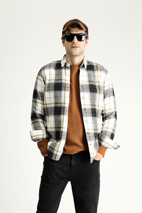 Kırık Beyaz Uzun Kol Slim Fit Dar Kesim Oduncu Ekose Pamuk Gömlek