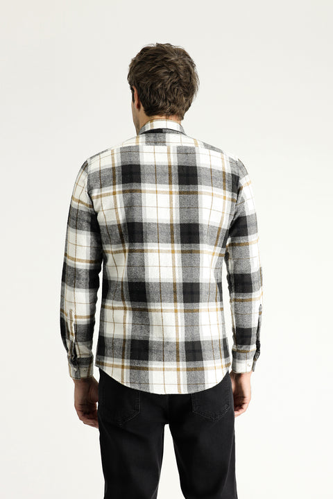 Kırık Beyaz Uzun Kol Slim Fit Dar Kesim Oduncu Ekose Pamuk Gömlek