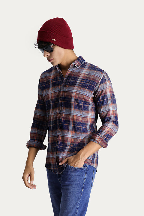 Orta Turuncu Uzun Kol Slim Fit Dar Kesim Ekose Pamuk Spor Düğmeli Yaka Gömlek