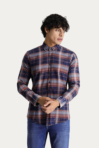  Orta Turuncu Uzun Kol Slim Fit Dar Kesim Ekose Spor Pamuk Düğmeli Yaka Gömlek