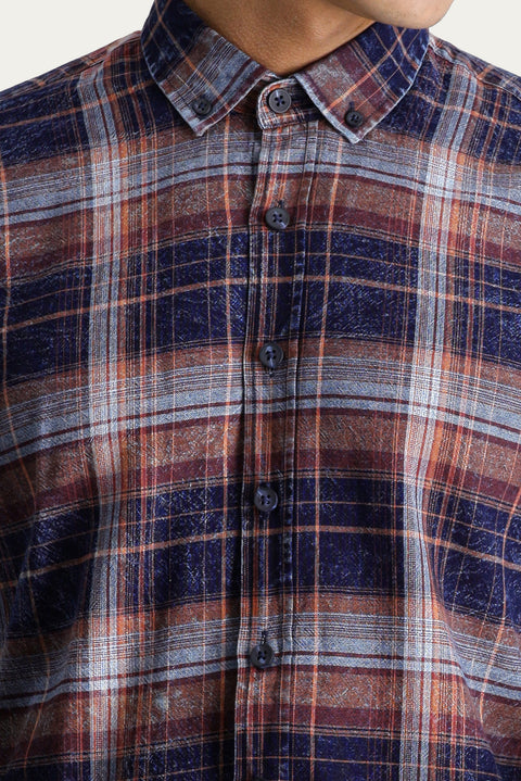 Orta Turuncu Uzun Kol Slim Fit Dar Kesim Ekose Pamuk Spor Düğmeli Yaka Gömlek