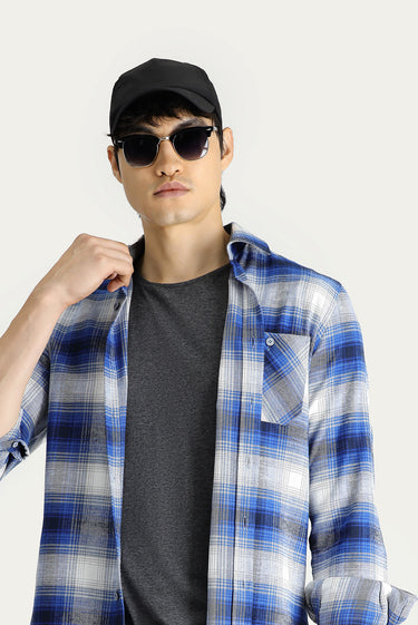 İndigo Uzun Kol Slim Fit Dar Kesim Ekose Oduncu Pamuk Gömlek