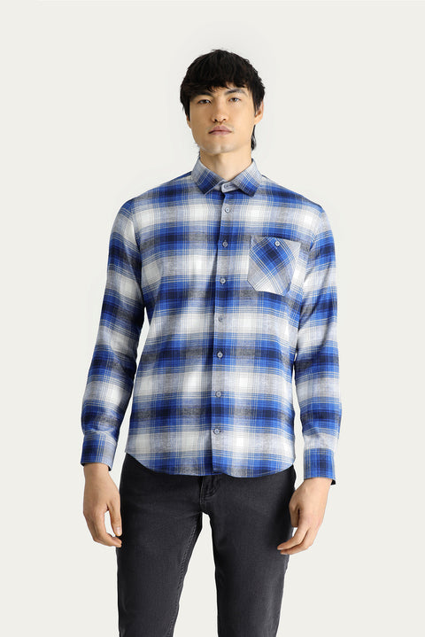 İndigo Uzun Kol Slim Fit Dar Kesim Ekose Oduncu Pamuk Gömlek