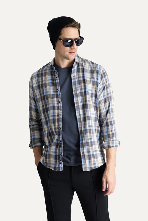 Açık Gri Uzun Kol Slim Fit Dar Kesim Ekose Oduncu Pamuklu Kolay Ütülenebilir Gömlek