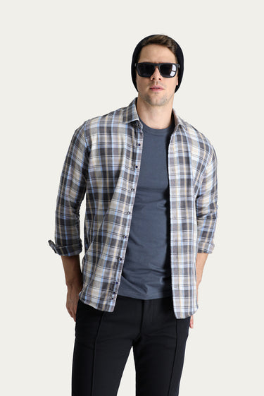  Açık Gri Uzun Kol Slim Fit Dar Kesim Ekose Oduncu Pamuklu Kolay Ütülenebilir Gömlek