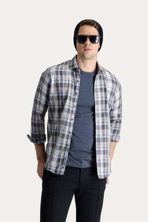 Açık Gri Uzun Kol Slim Fit Dar Kesim Ekose Oduncu Pamuklu Kolay Ütülenebilir Gömlek