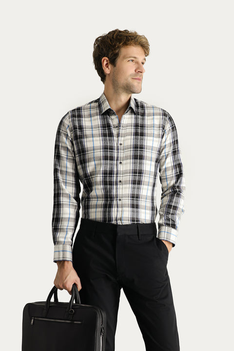 Koyu Lacivert Uzun Kol Slim Fit Dar Kesim Ekose Oduncu Pamuklu Kolay Ütülenebilir Gömlek