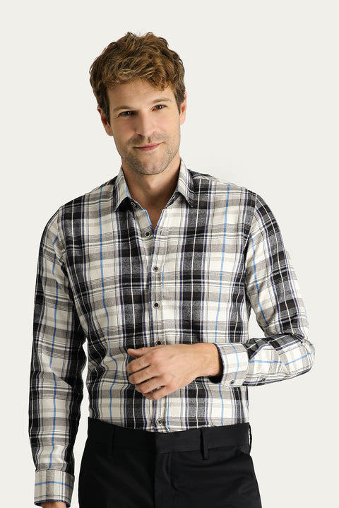 Koyu Lacivert Uzun Kol Slim Fit Dar Kesim Ekose Oduncu Pamuklu Kolay Ütülenebilir Gömlek