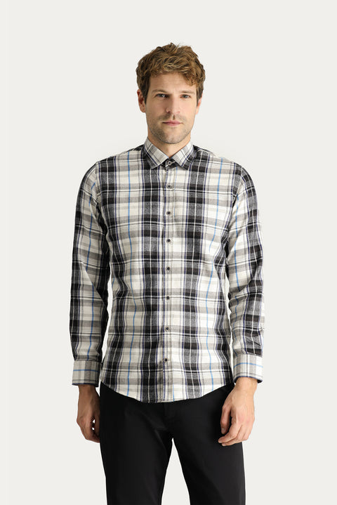 Koyu Lacivert Uzun Kol Slim Fit Dar Kesim Ekose Oduncu Pamuklu Kolay Ütülenebilir Gömlek