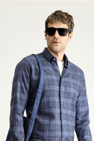  Havacı Mavi Uzun Kol Slim Fit Dar Kesim Oduncu Ekose Pamuklu Kolay Ütülenebilir Gömlek