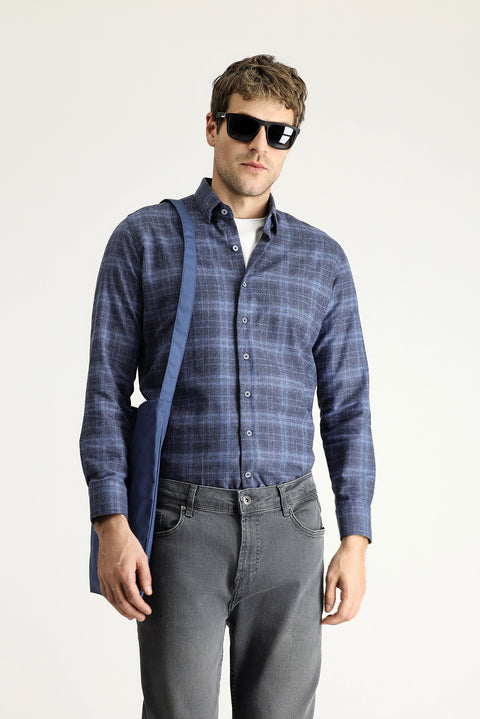 Havacı Mavi Uzun Kol Slim Fit Dar Kesim Oduncu Ekose Pamuklu Kolay Ütülenebilir Gömlek