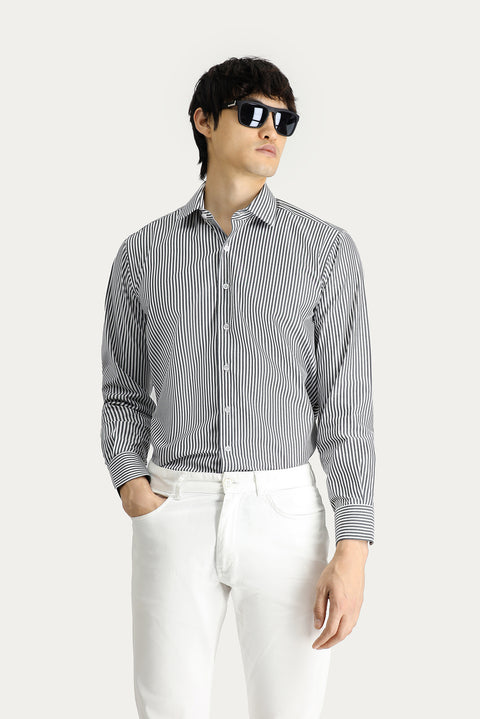 Siyah Uzun Kol Klasik Çizgili Pamuk Gömlek