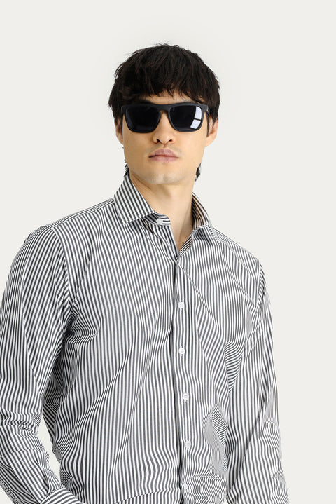 Siyah Uzun Kol Klasik Çizgili Pamuk Gömlek