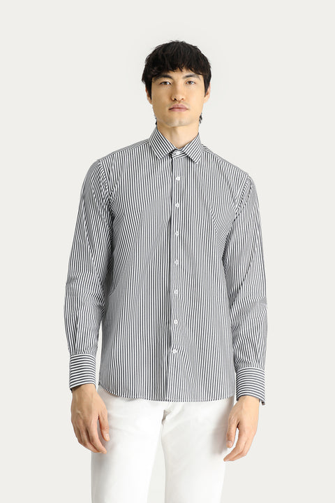 Siyah Uzun Kol Klasik Çizgili Pamuk Gömlek