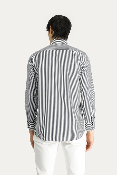 Siyah Uzun Kol Klasik Çizgili Pamuk Gömlek