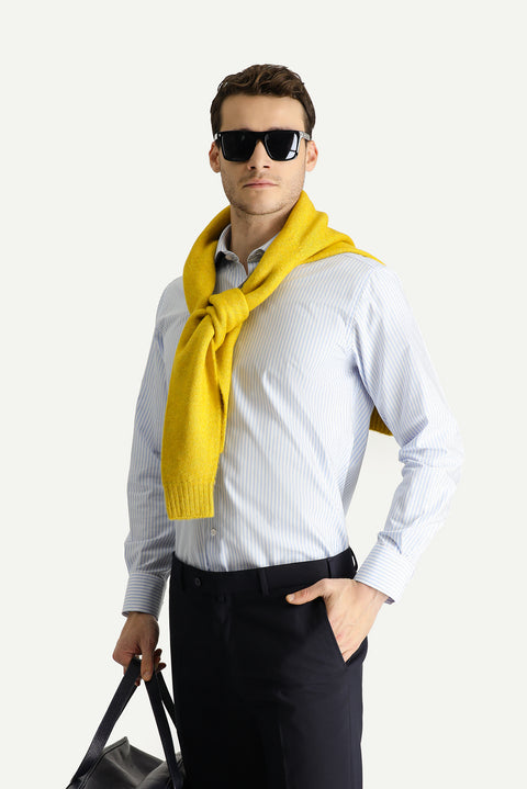 Açık Mavi Uzun Kol Klasik Çizgili Pamuk Gömlek