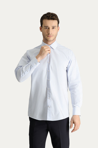 Açık Mavi Uzun Kol Klasik Çizgili Pamuk Gömlek
