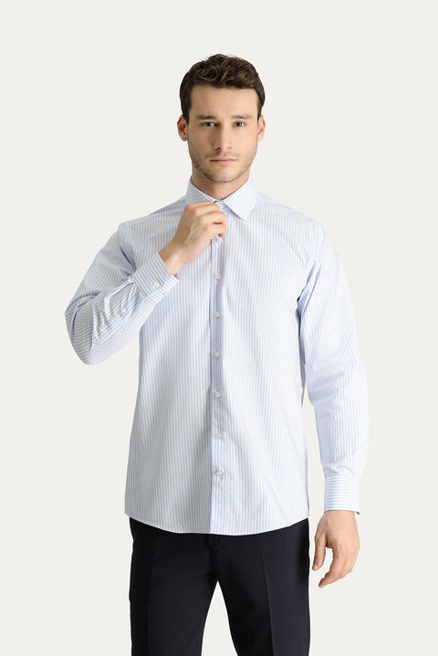 Açık Mavi Uzun Kol Klasik Çizgili Pamuk Gömlek