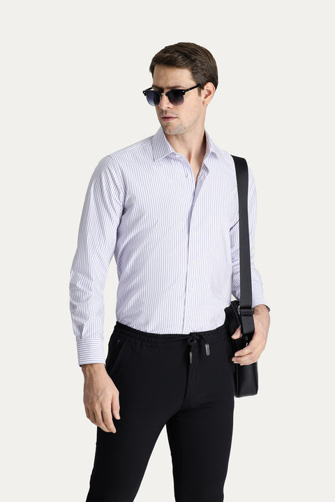 Açık Mor Uzun Kol Klasik Çizgili Pamuk Gömlek