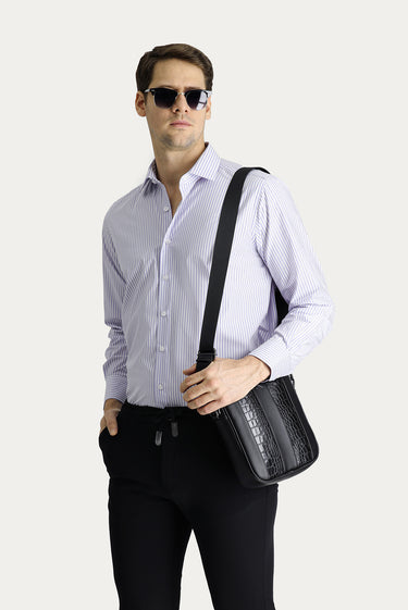 Açık Mor Uzun Kol Klasik Çizgili Pamuk Gömlek