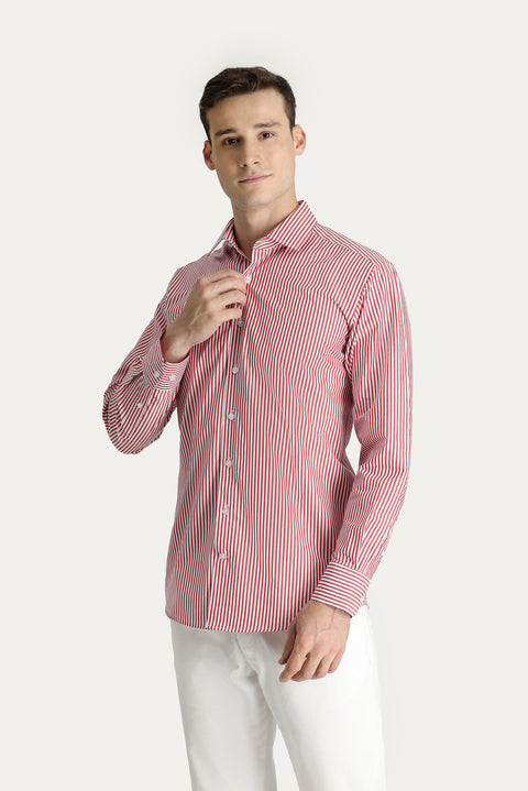 Bayrak Kırmızı Uzun Kol Klasik Çizgili Pamuk Gömlek