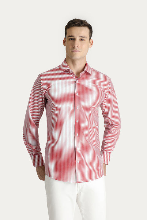Bayrak Kırmızı Uzun Kol Klasik Çizgili Pamuk Gömlek