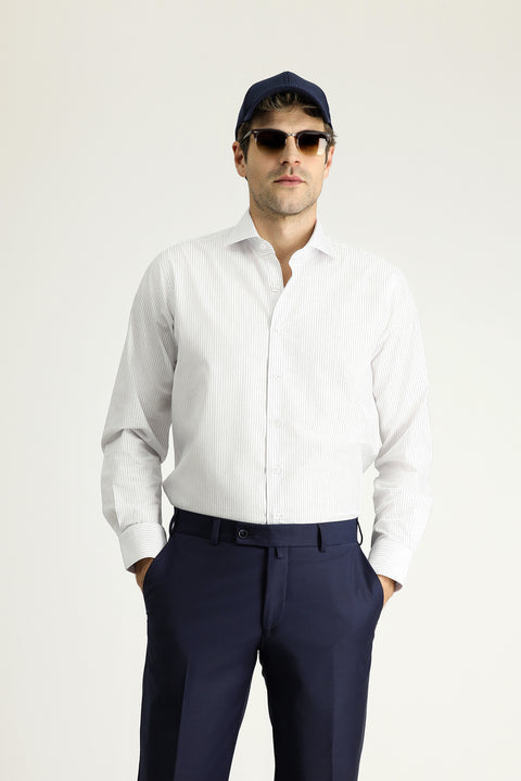 Uçuk Mavi Uzun Kol Klasik Çizgili Pamuk Gömlek