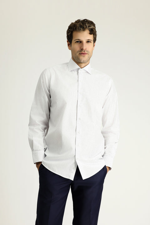 Uçuk Mavi Uzun Kol Klasik Çizgili Pamuk Gömlek