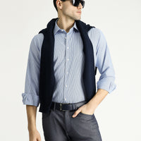 Açık Mavi Uzun Kol Regular Fit Çizgili Pamuklu Kolay Ütülenebilir Gömlek