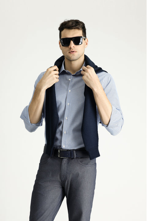 Açık Mavi Uzun Kol Regular Fit Çizgili Pamuklu Kolay Ütülenebilir Gömlek