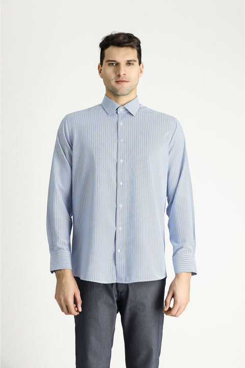 Açık Mavi Uzun Kol Regular Fit Çizgili Pamuklu Kolay Ütülenebilir Gömlek