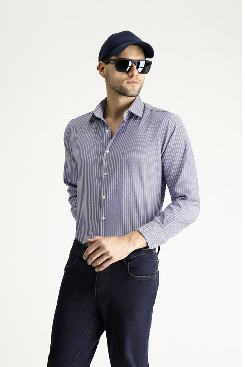 Blue Long Sleeve Regular Fit Striped Cotton Easy-Iron Shirt
