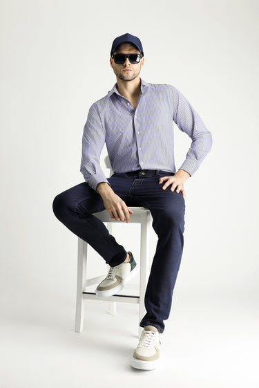 Mavi Uzun Kol Regular Fit Çizgili Pamuklu Kolay Ütülenebilir Gömlek