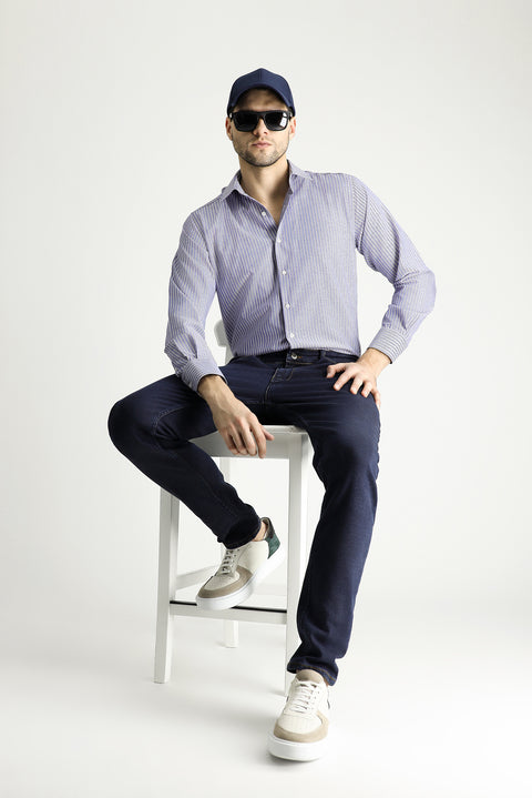 Blue Long Sleeve Regular Fit Striped Cotton Easy-Iron Shirt