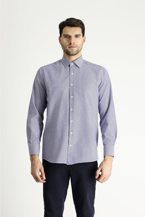 Blue Long Sleeve Regular Fit Striped Cotton Easy-Iron Shirt